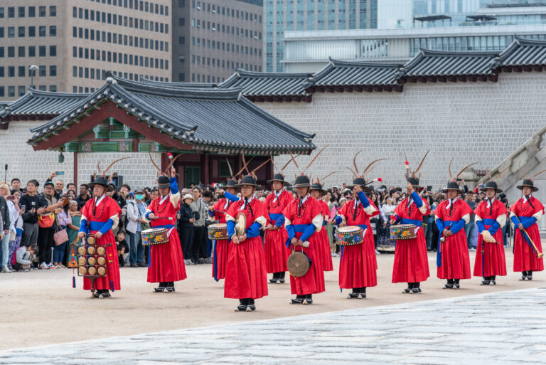 Reenactment of change of Korean royal guards ceremony in historical Joseon costumes in Gyeongbokgung palace in Seoul South Korea on 4 November 2023